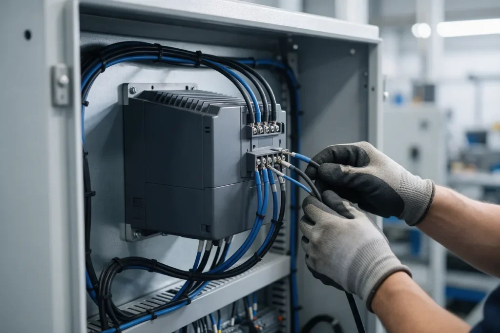 Instalação de inversor de frequência em painel de comando industrial