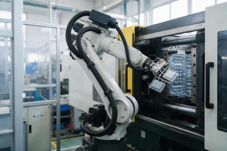 Robô industrial retirando peças plásticas de uma máquina injetora