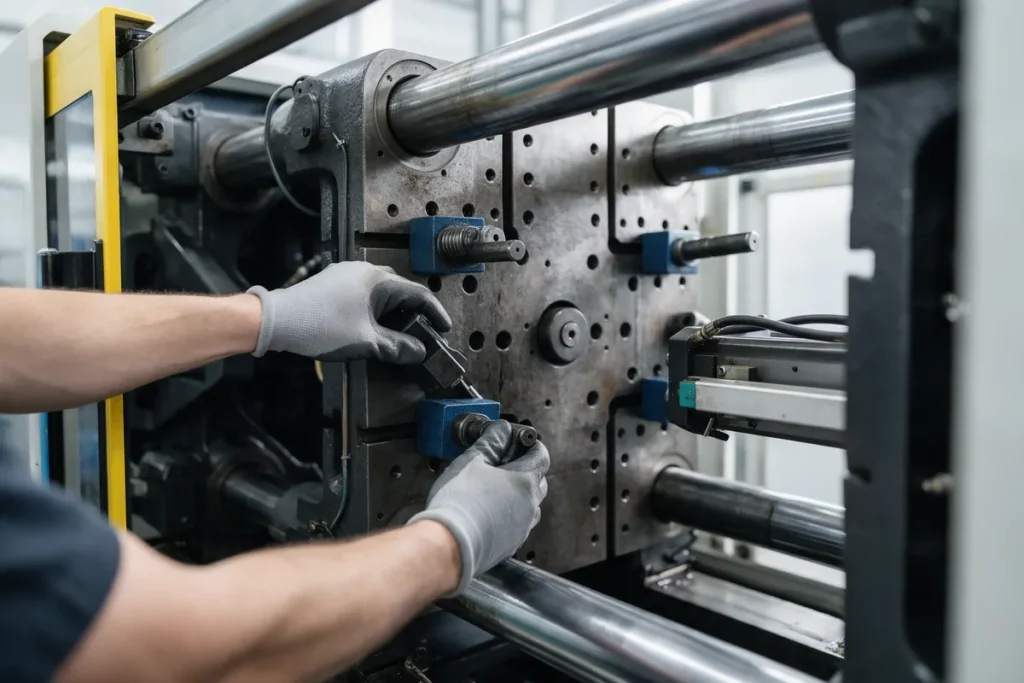 Mãos de técnico realizando manutenção preventiva na unidade de fechamento de uma máquina injetora