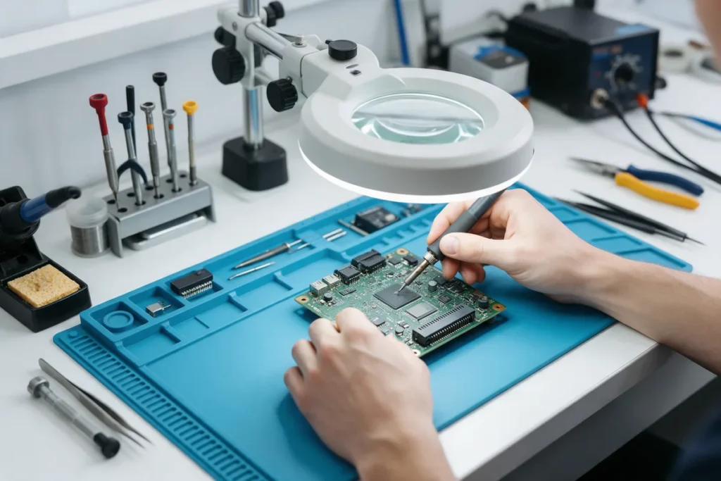 Reparo de placa eletrônica industrial em bancada com lupa e ferro de solda