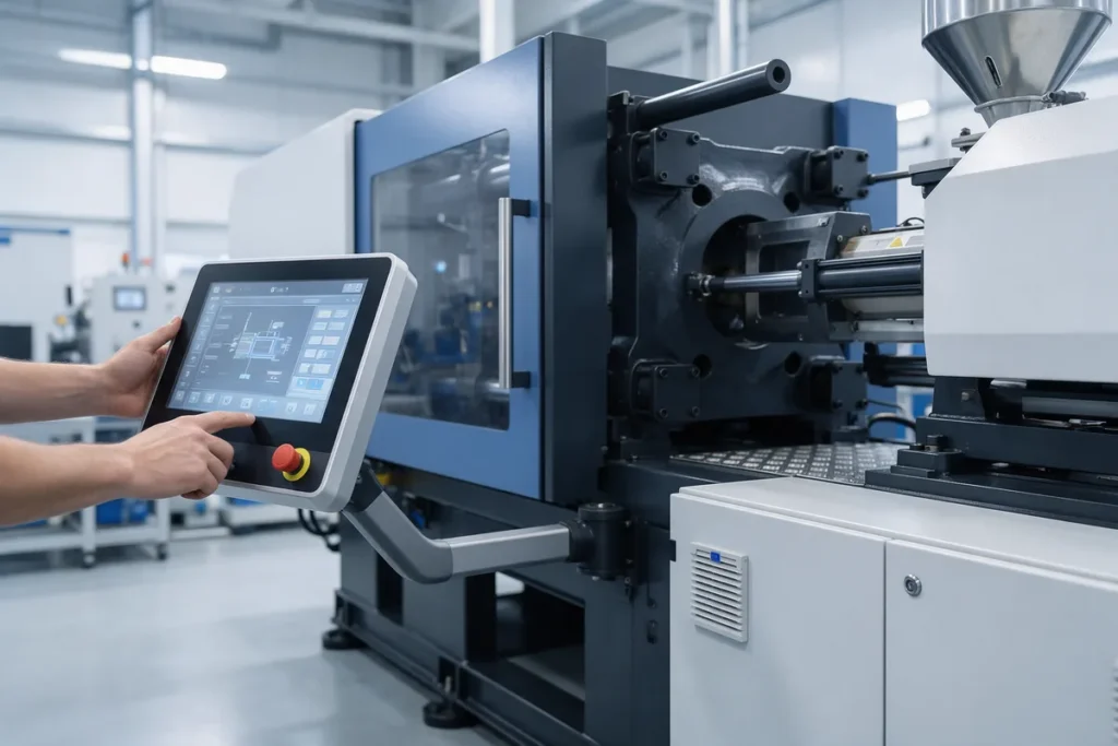 Máquina injetora modernizada com painel de controle touchscreen após retrofit